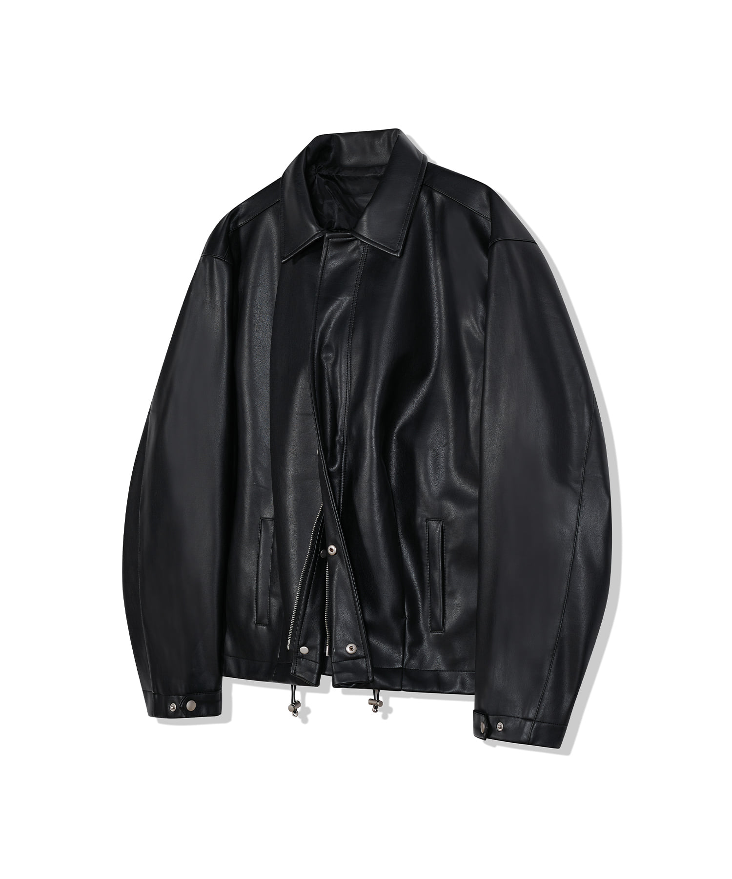 Pin Tuck Collar Leather Jacket Black