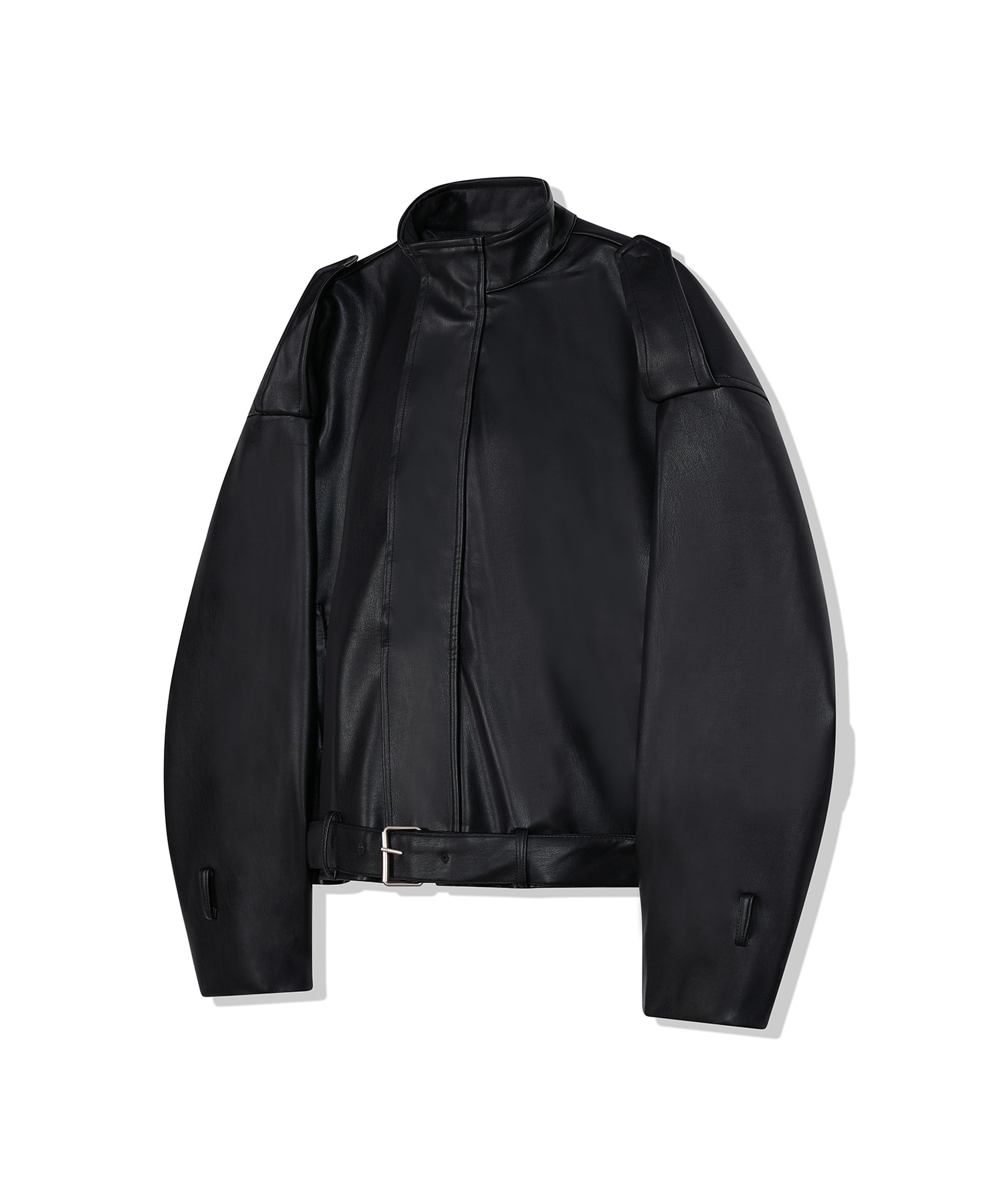 Front Placket Short Belted Leather Jacket Black