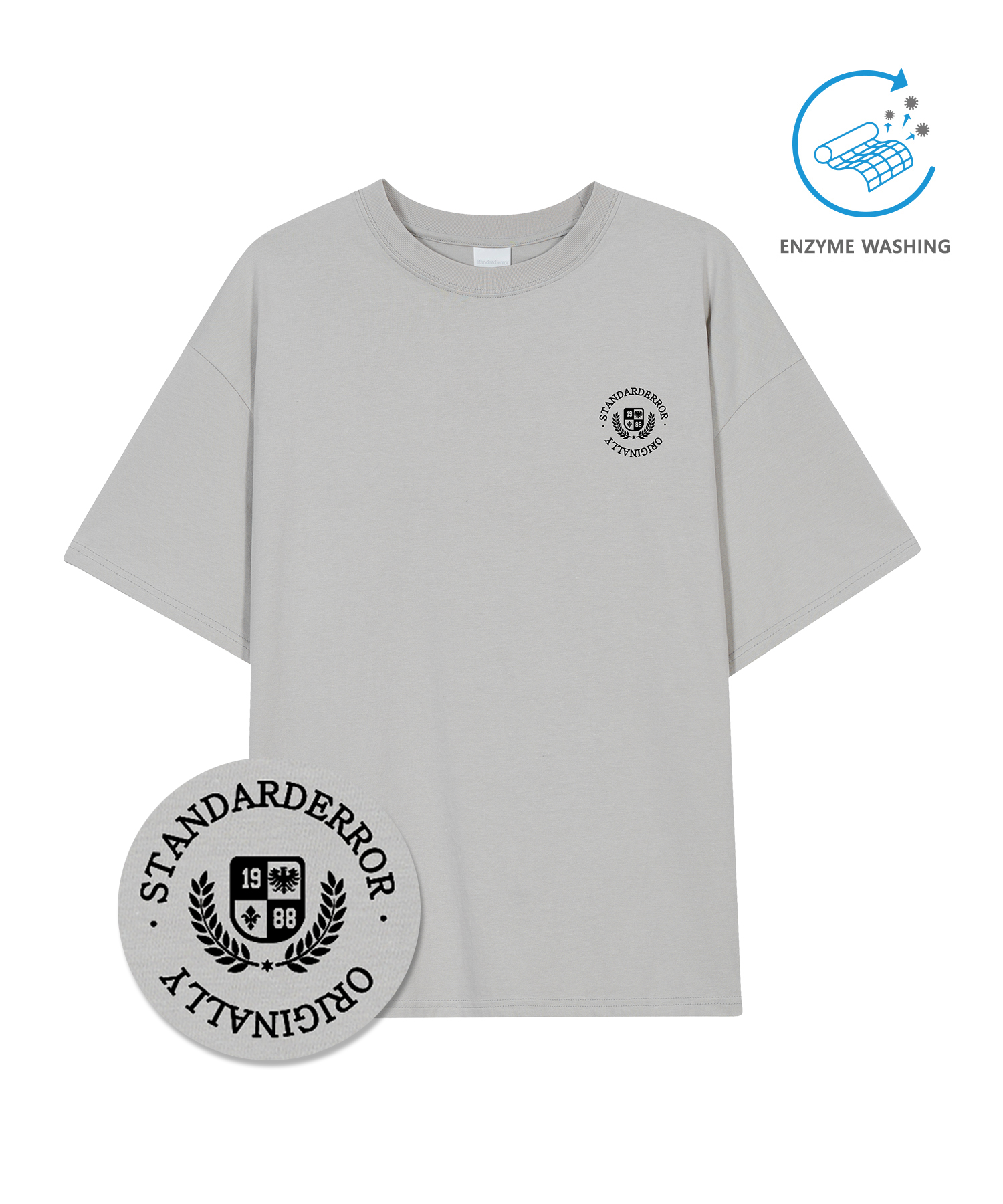 IRT164 [Compact YAN] Enzaim Washing Old School Mini Circle Emblem Short-sleeved T-shirt Khaki Gray