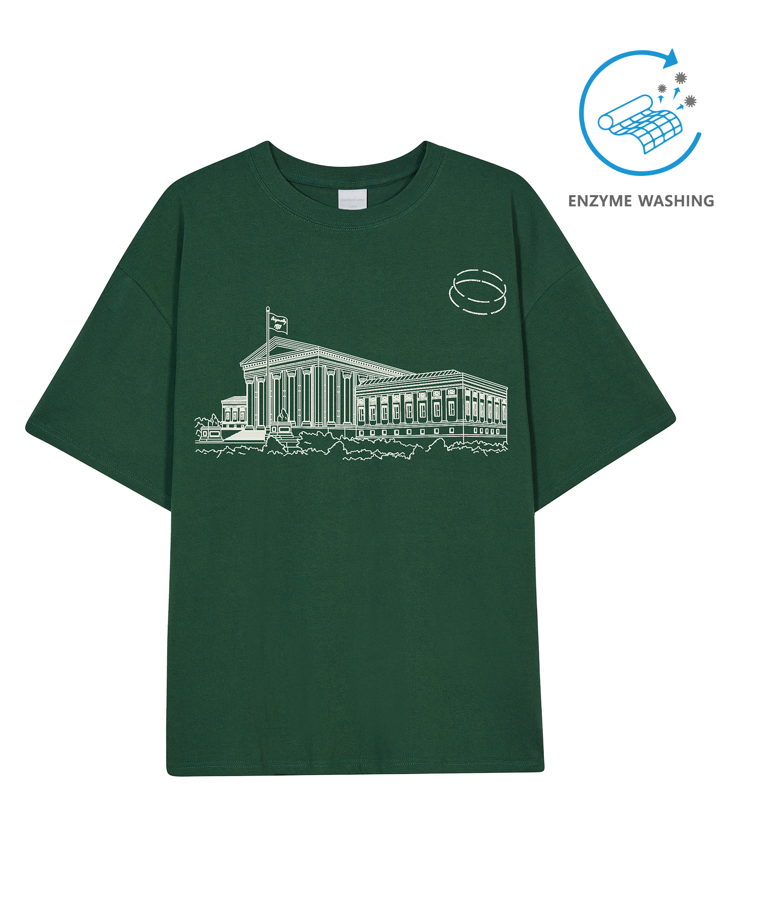 IRT168 [Compact YAN] Enzaim Washing Drawing College Short-sleeved T-shirt Deep Green