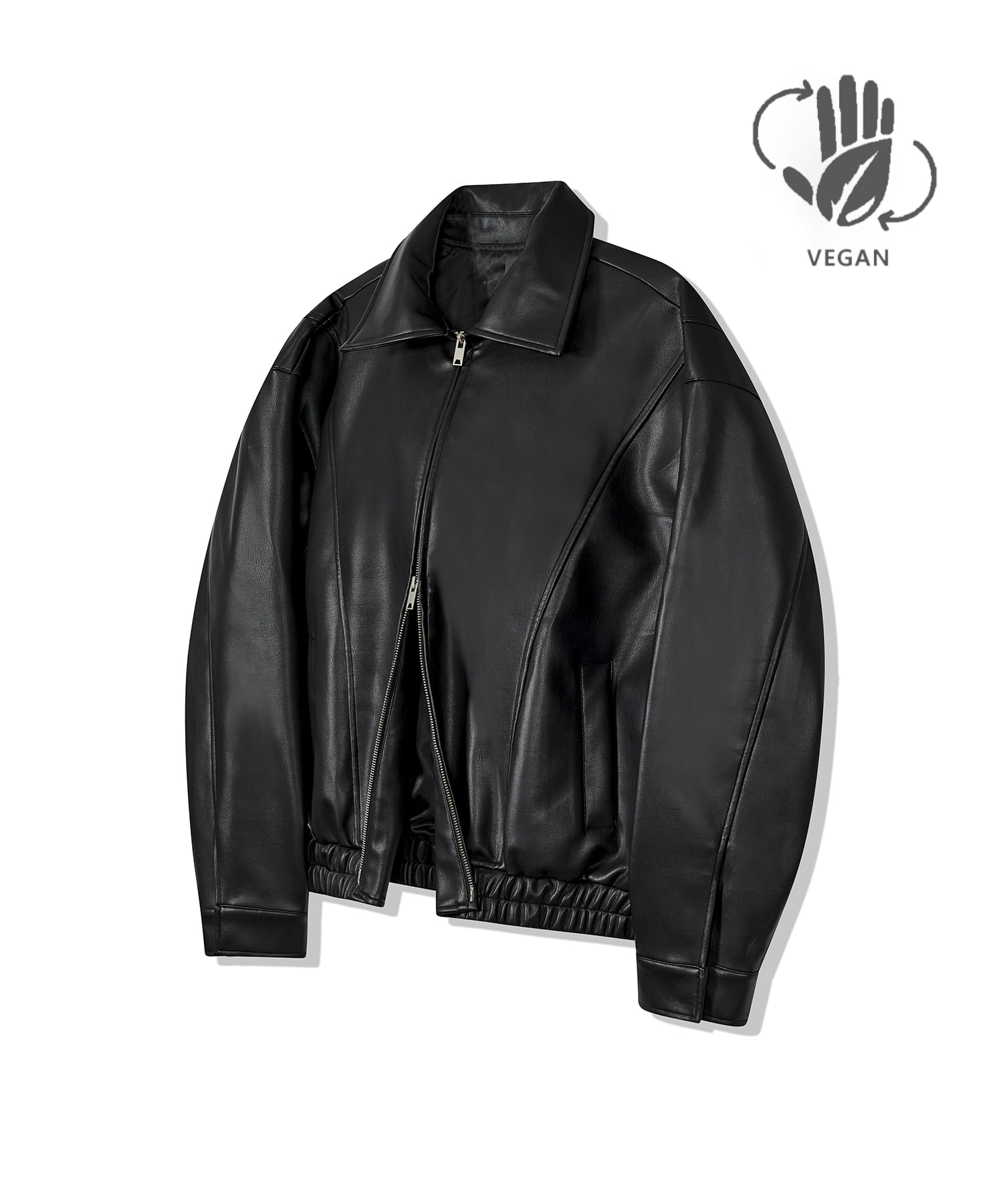 87-STAN018 [Vegan Leather] Curved Blouson Leather Jacket Black