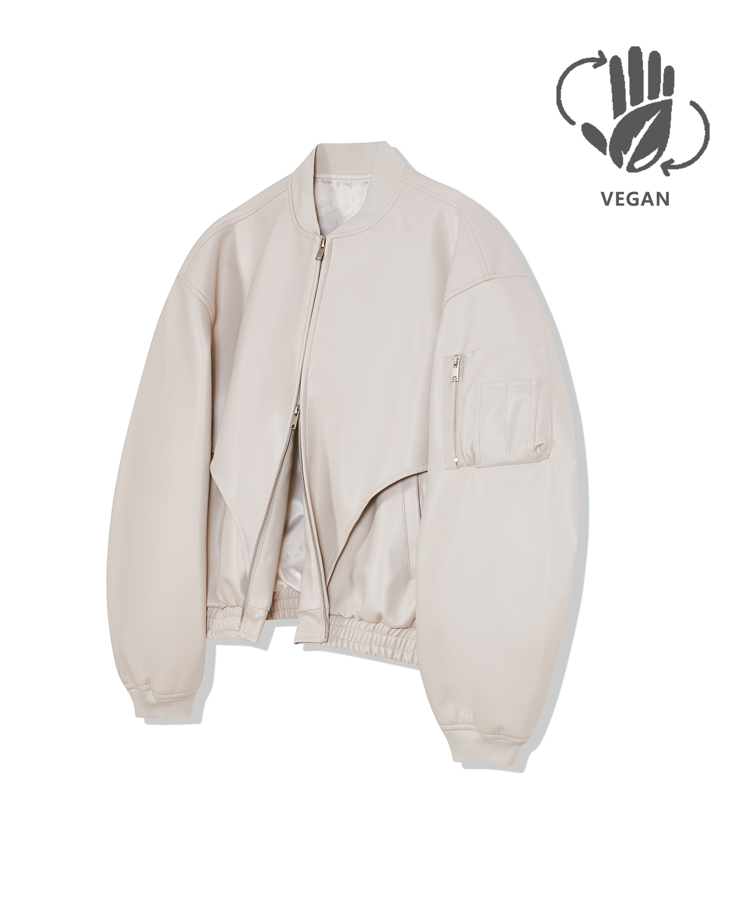 87-STAN026 [Vegan Leather] Curved Layer Bomber Leather Jacket Ivory