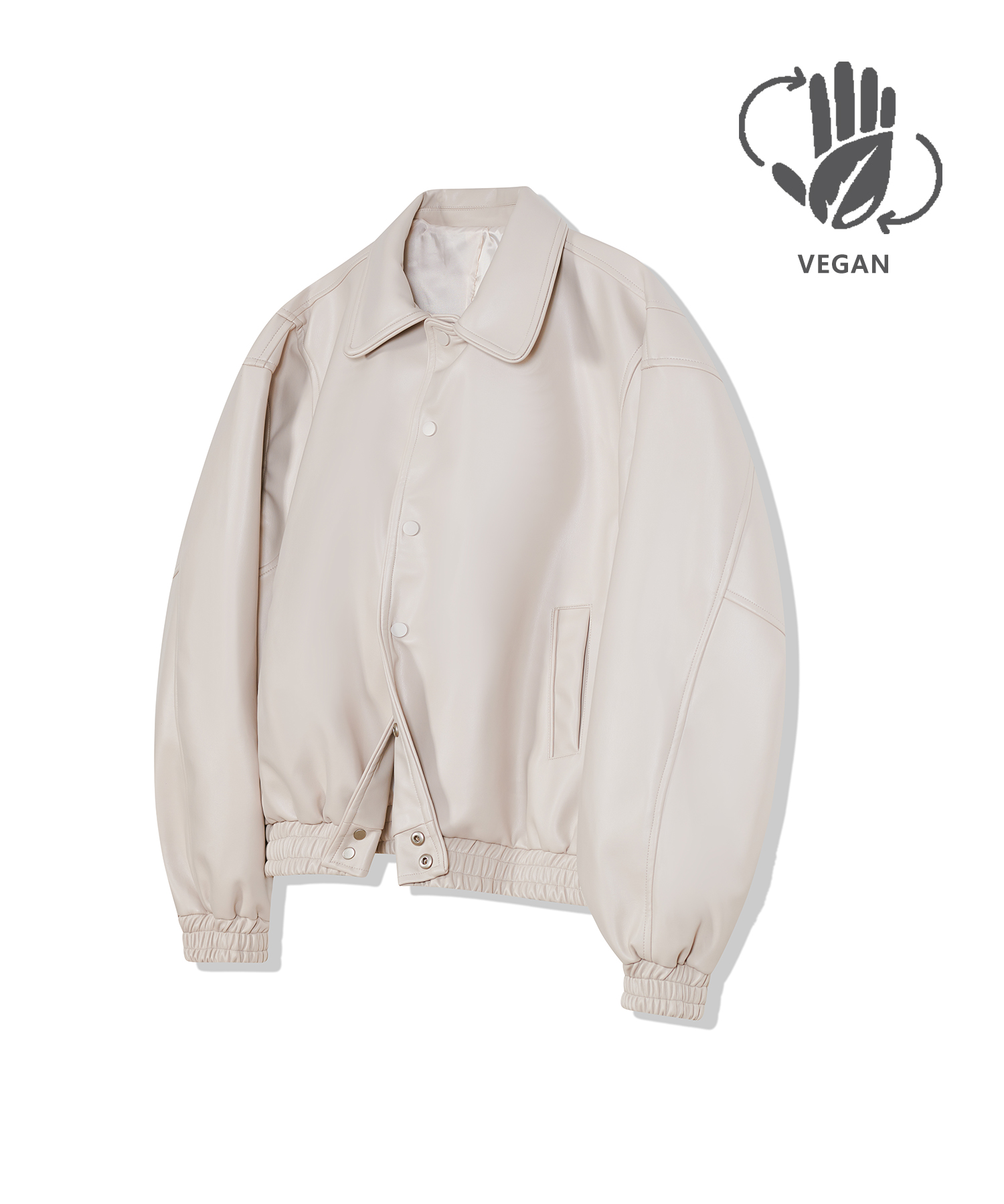 87-STAN030 [Vegan Leather] Bold Stitch Line Varsity Leather Jacket Ivory