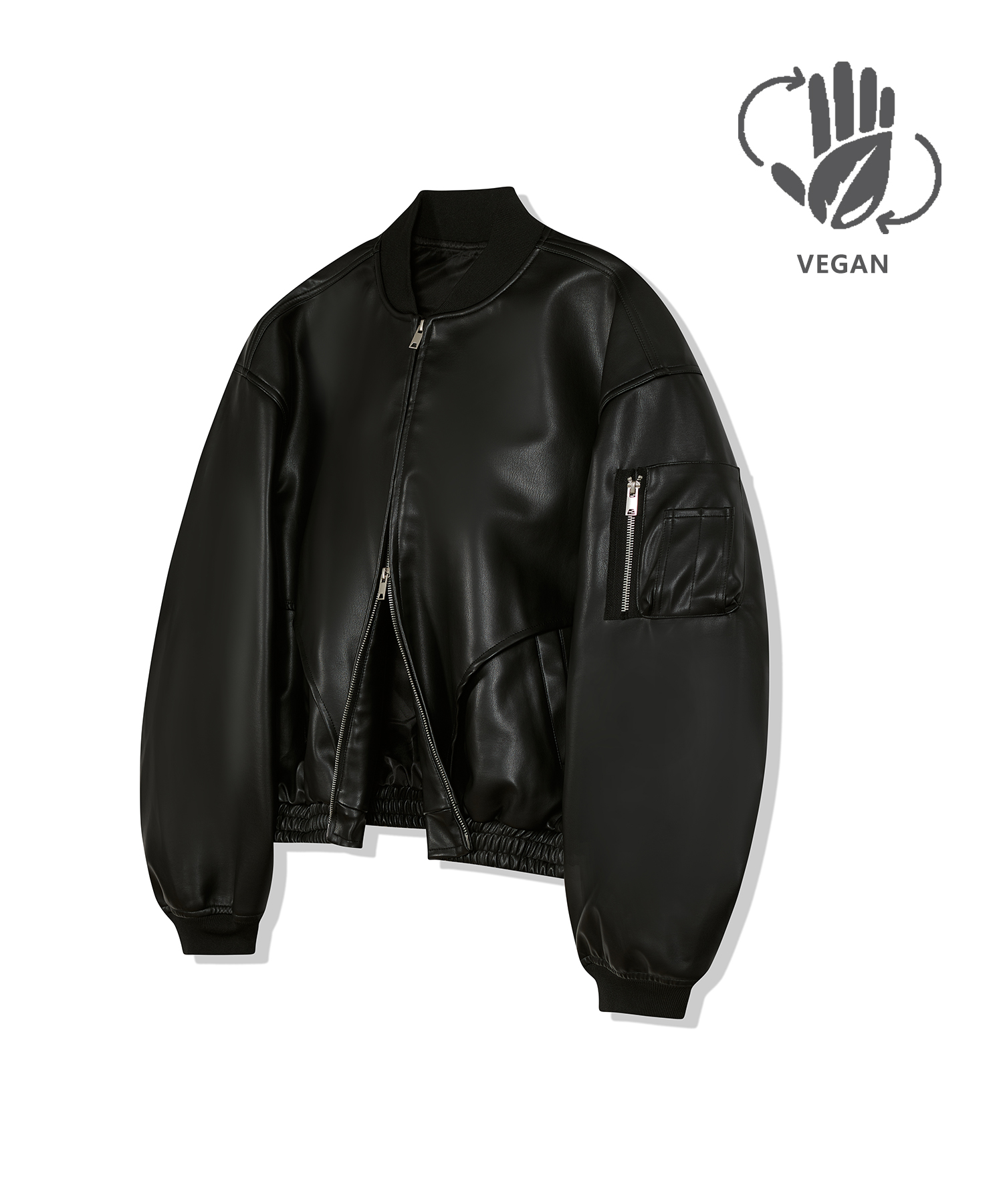 87-STAN026 [Vegan Leather] Curved Layer Bomber Leather Jacket Black
