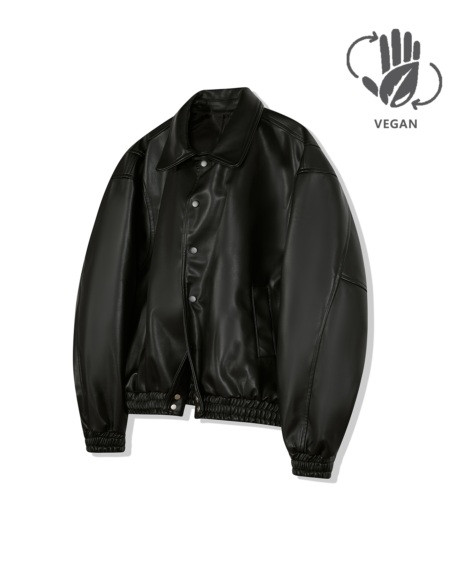 87-STAN030 [Vegan Leather] Bold Stitch Line Varsity Leather Jacket Black