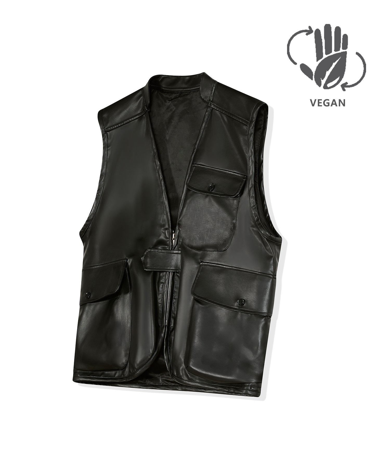 87-STAN024 [Vegan Leather] Multi Pocket Leather Vest Black