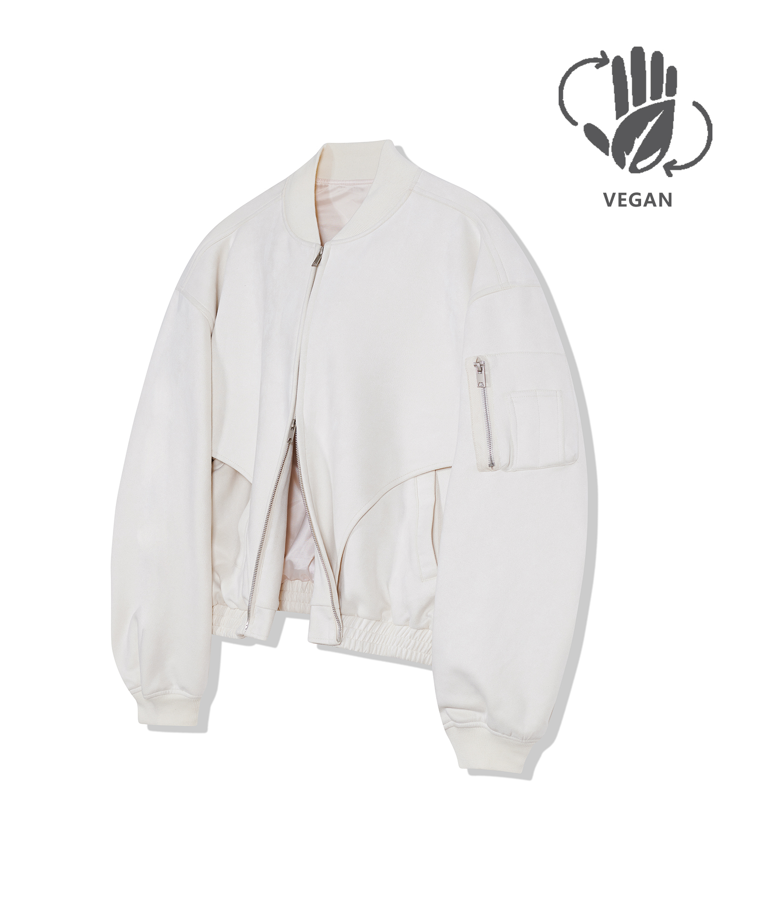 87-STAN027 [Vegan Suede] Curved Layer Bomber Suede Jacket Ivory